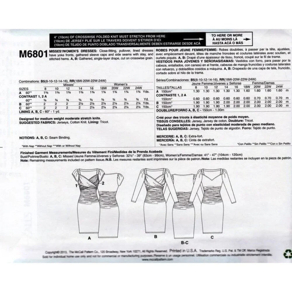 McCalls Sewing Pattern 6801‎ Dress Misses Size 8-16
